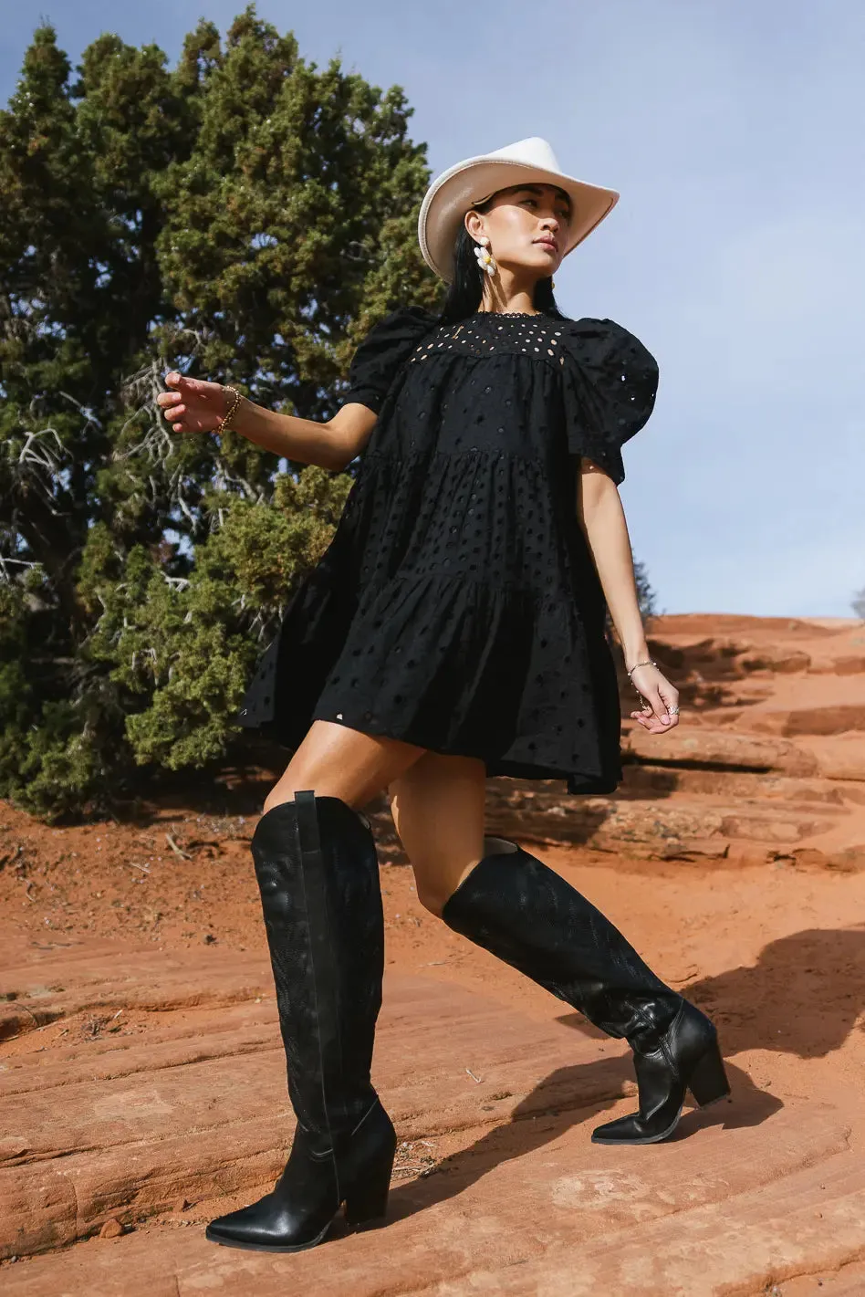 Eyelet Puff Sleeve Mini Dress in Black - FINAL SALE