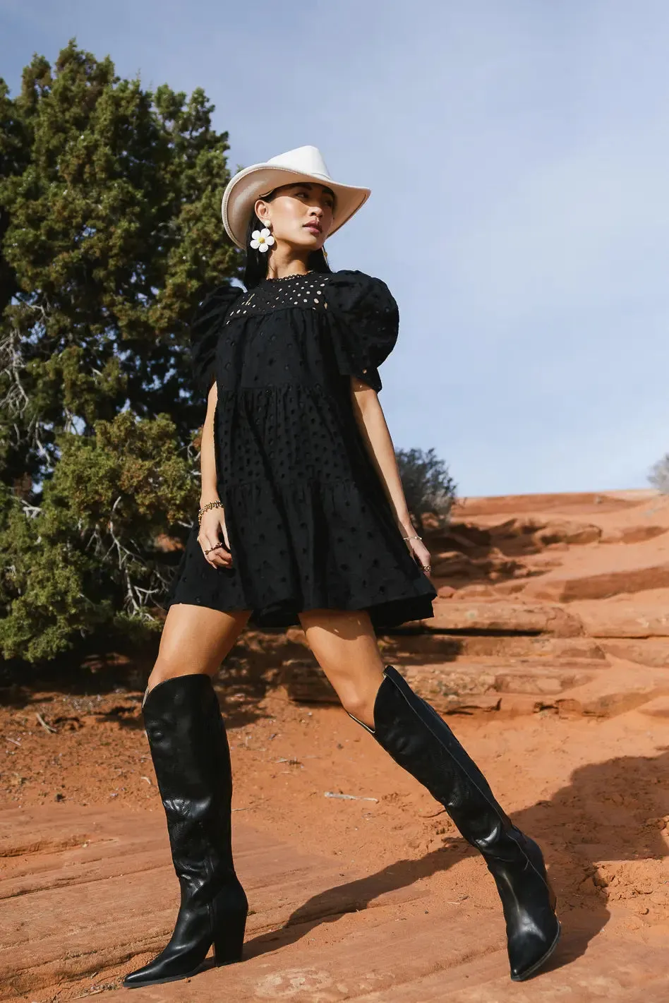 Eyelet Puff Sleeve Mini Dress in Black - FINAL SALE