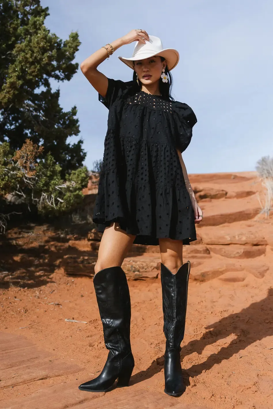 Eyelet Puff Sleeve Mini Dress in Black - FINAL SALE