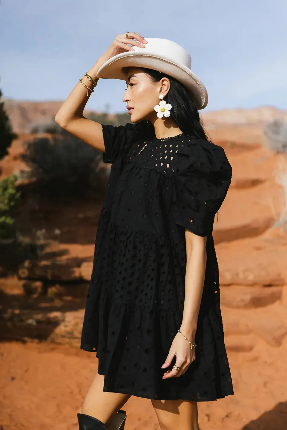 Eyelet Puff Sleeve Mini Dress in Black - FINAL SALE