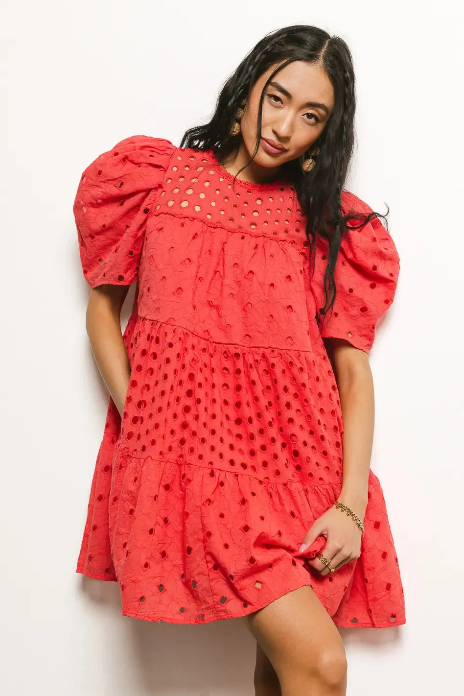 Eyelet Puff Sleeve Mini Dress in Red - FINAL SALE