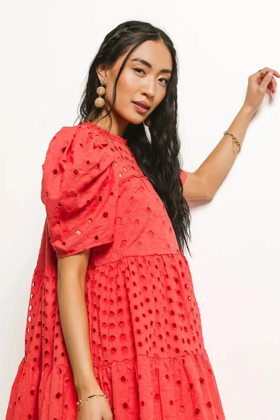 Eyelet Puff Sleeve Mini Dress in Red - FINAL SALE