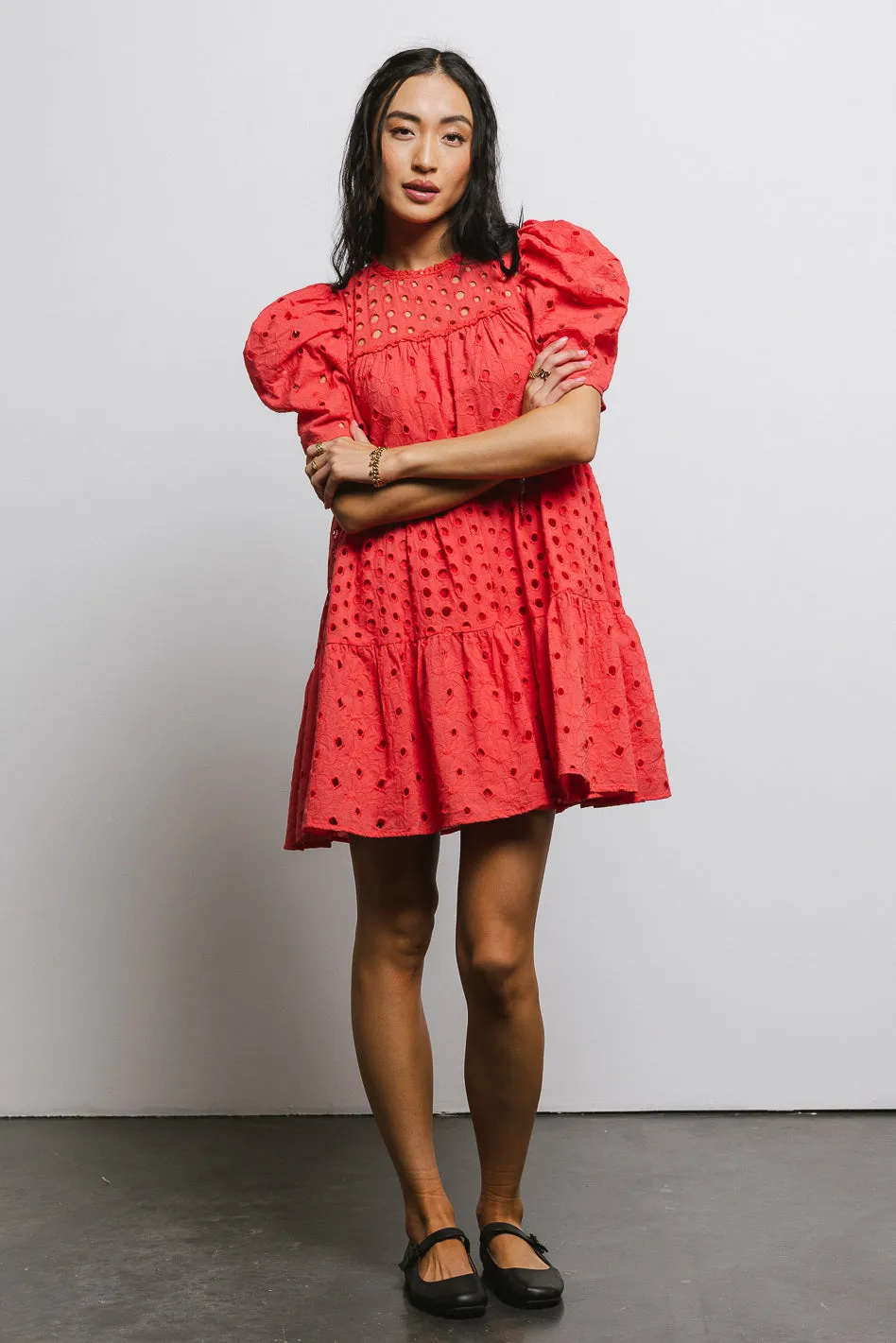 Eyelet Puff Sleeve Mini Dress in Red - FINAL SALE