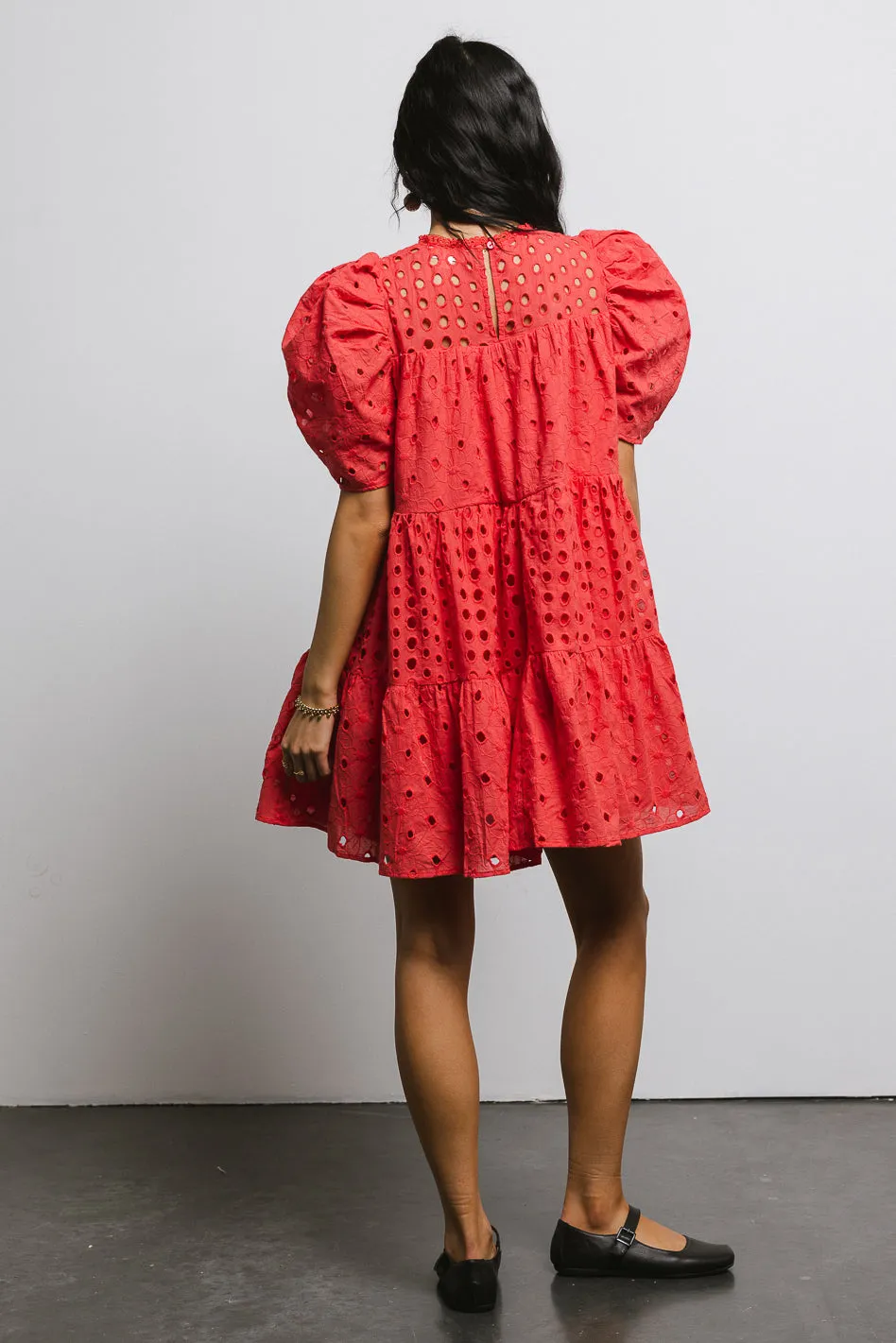 Eyelet Puff Sleeve Mini Dress in Red - FINAL SALE