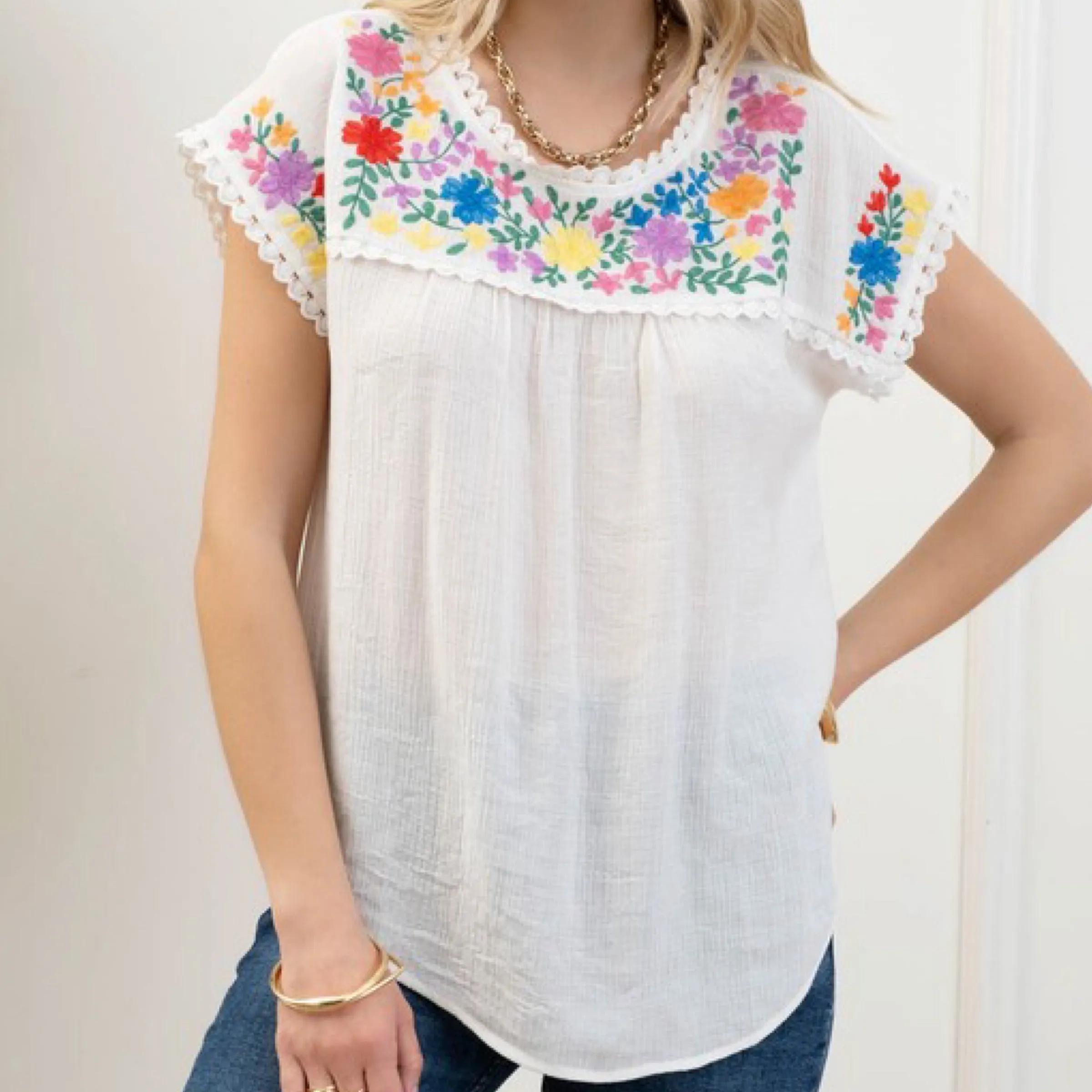 Floral Print Embroidery Top White