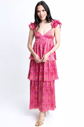 Floral Satin Ruffle Maxi Dress