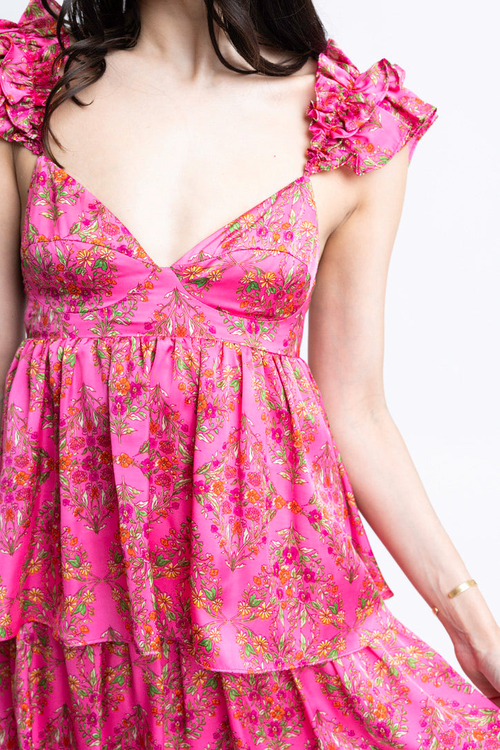 Floral Satin Ruffle Maxi Dress