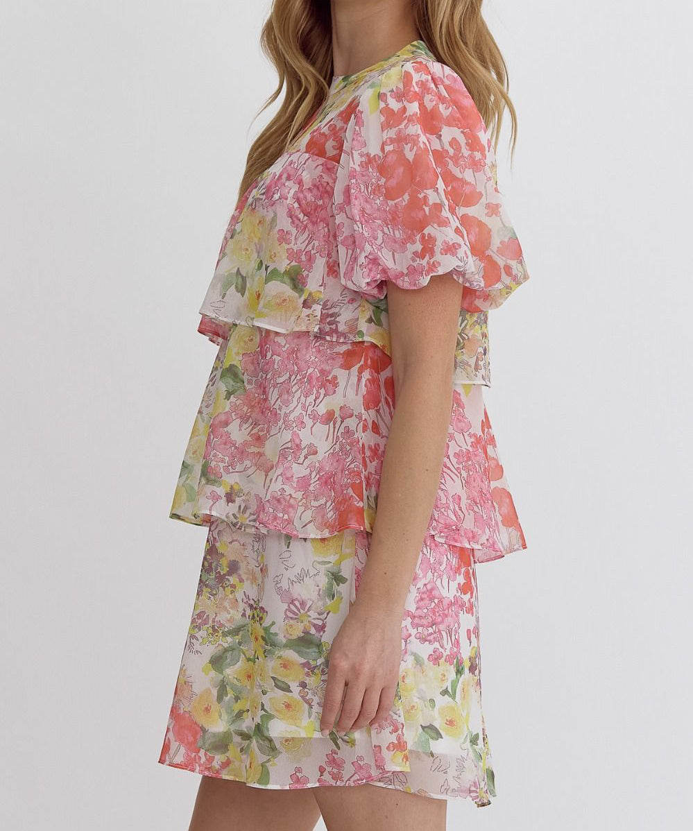 Floral Tiered Mini Dress - Orange Lemon