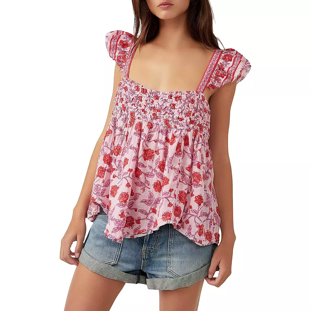 Free People Womens Cotton Floral Print Blouse