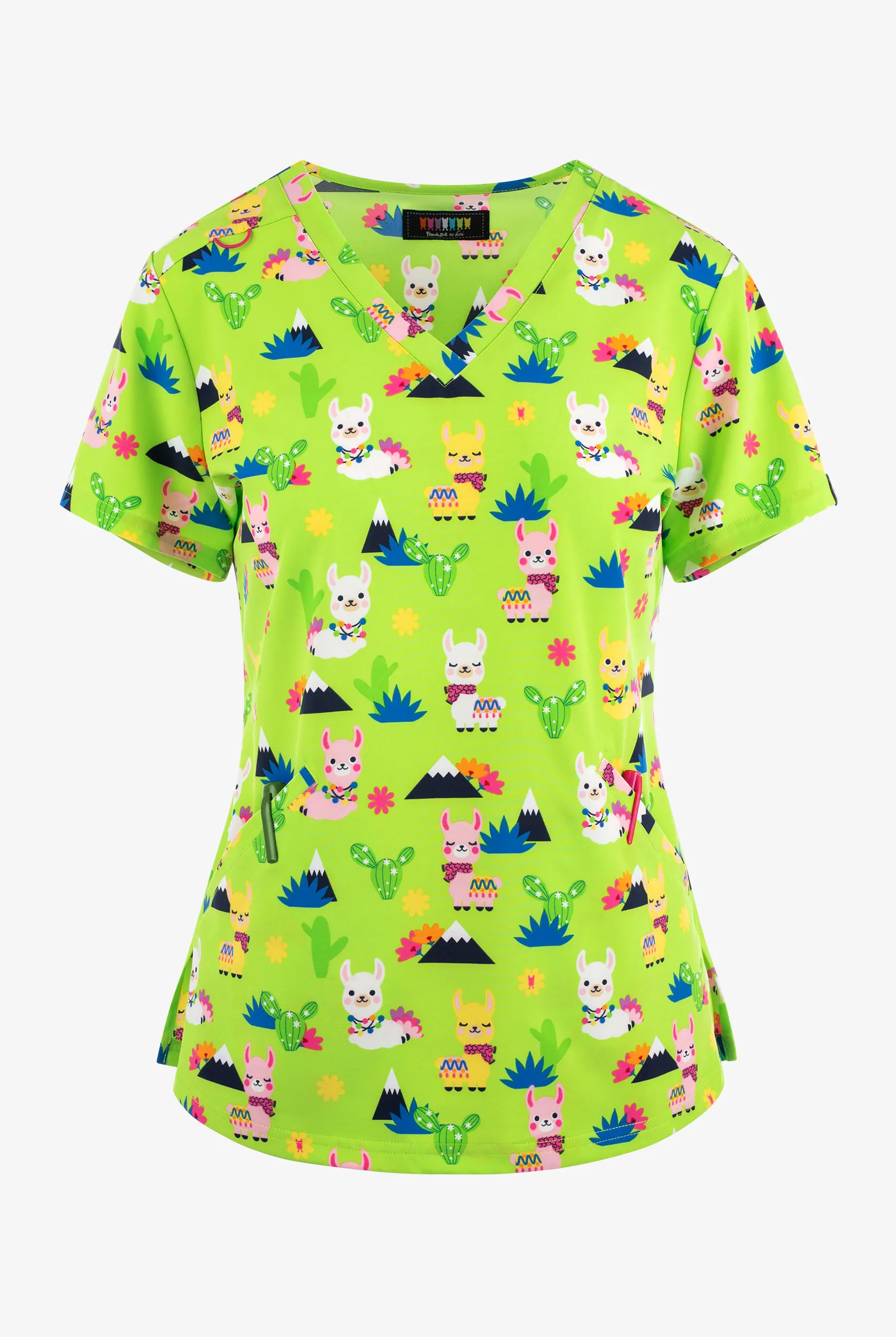 French Bull by koi Spring Llama Women's 2-Pocket STRETCH V-Neck Print Scrub Top