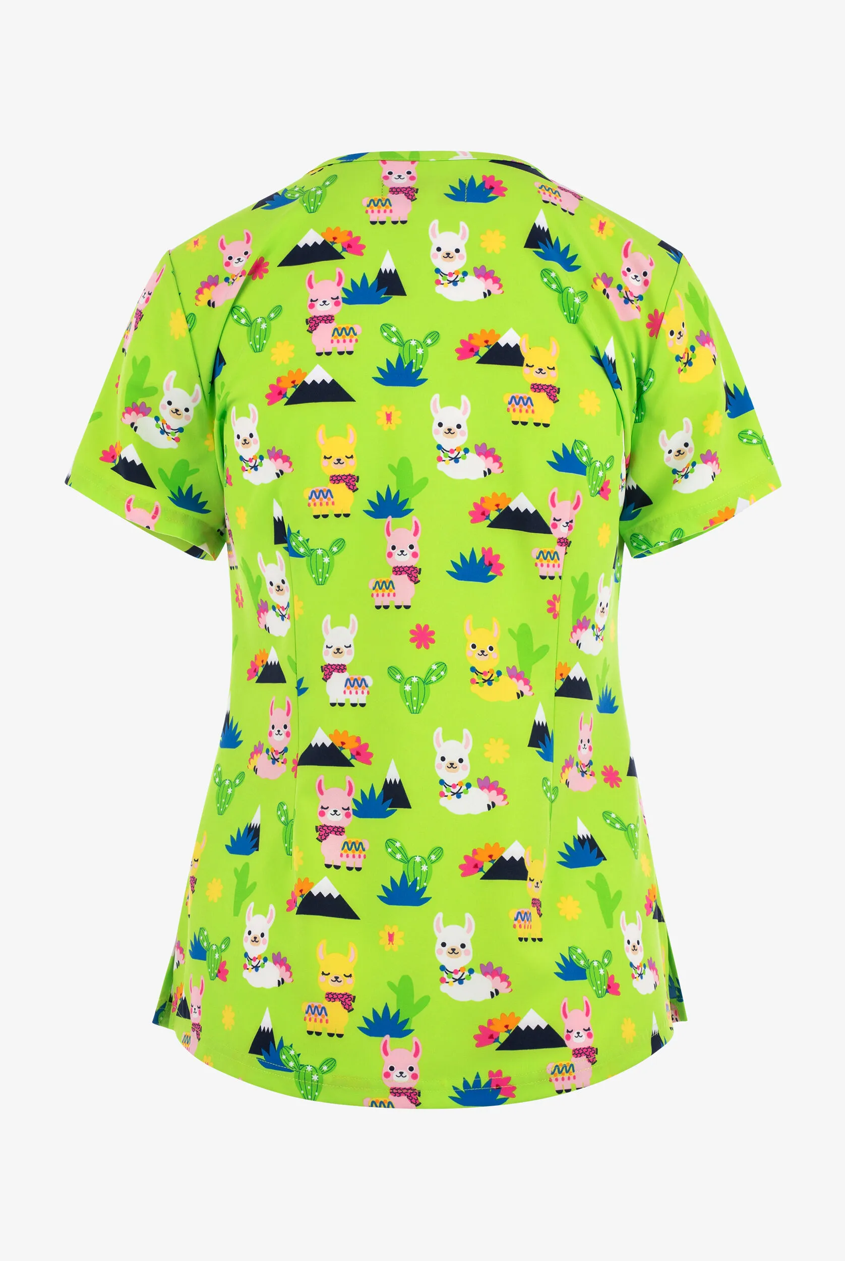 French Bull by koi Spring Llama Women's 2-Pocket STRETCH V-Neck Print Scrub Top