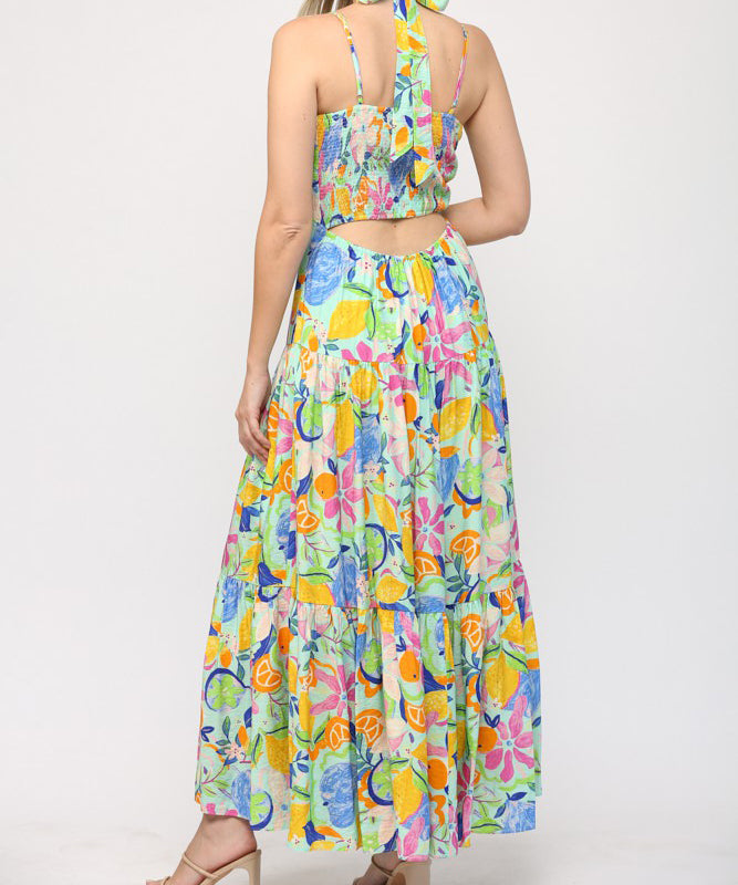 Front Keyhole Back Tie Maxi Dress - Aqua Multi