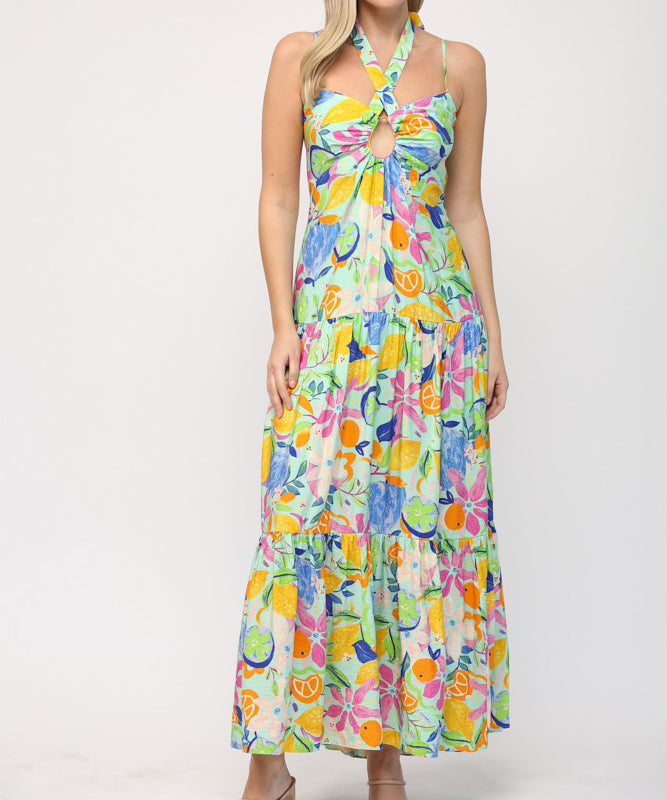 Front Keyhole Back Tie Maxi Dress - Aqua Multi