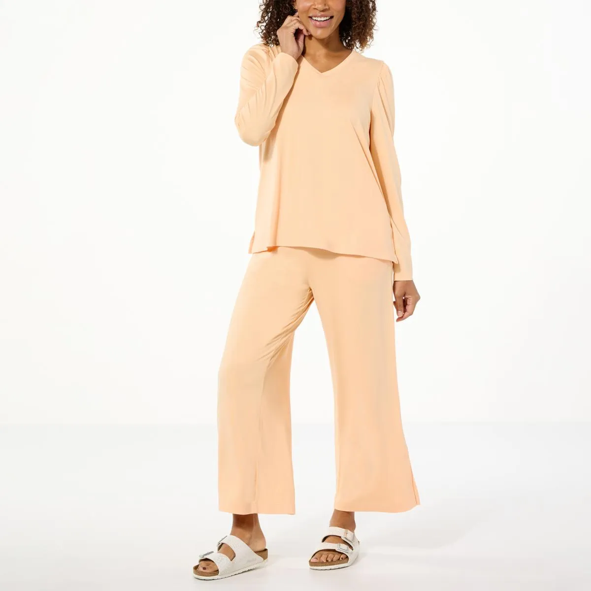      G by Giuliana 2-piece Knit Puff-Sleeve Cropped Lounge Set     