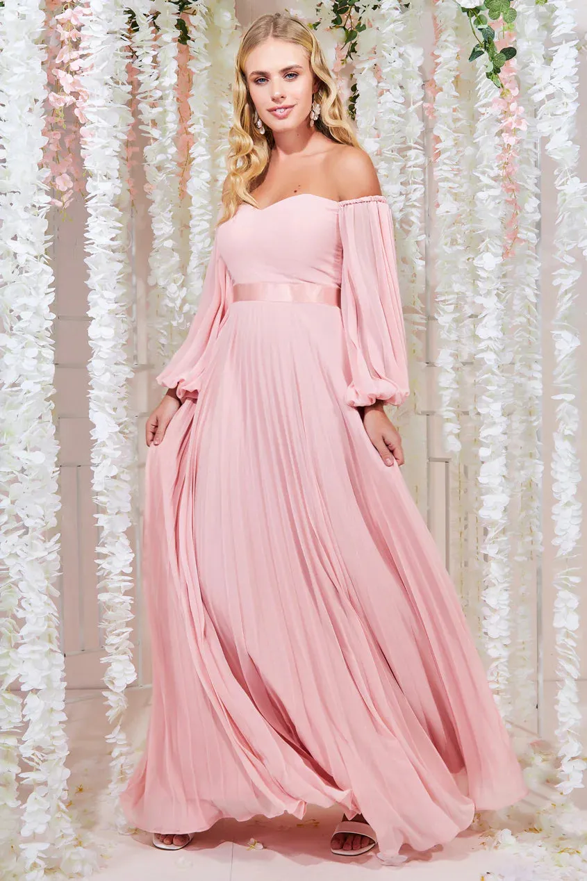 Goddiva Bardot Chiffon Pleated Maxi