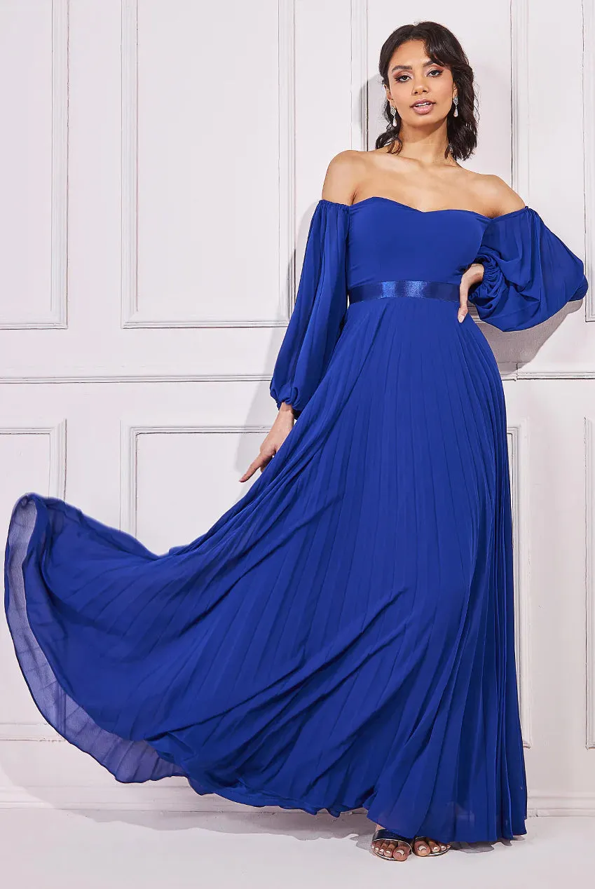 Goddiva Bardot Chiffon Pleated Maxi