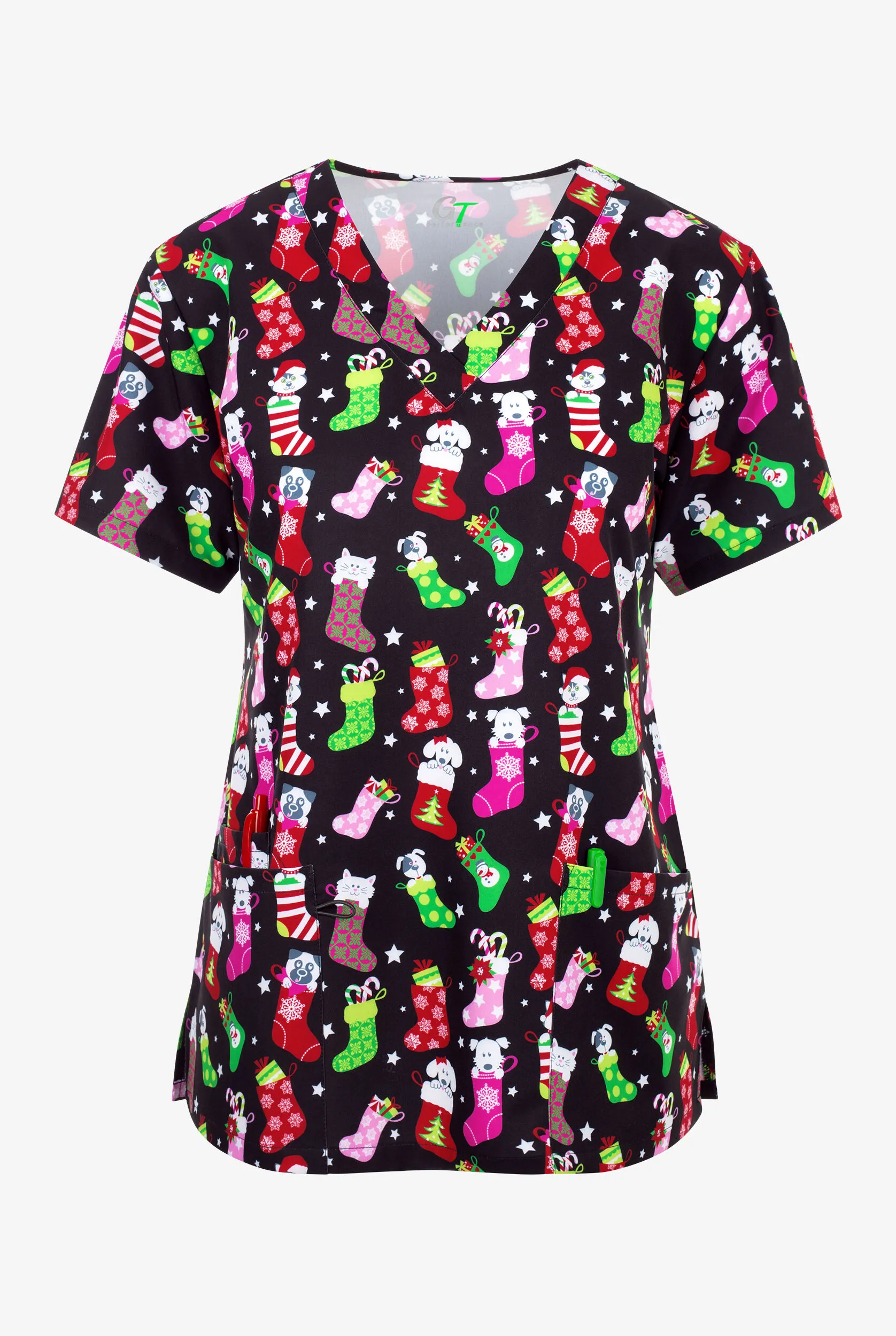 Green Town Stocking Stuffers Women's 3-Pocket STRETCH V-Neck Print Scrub Top