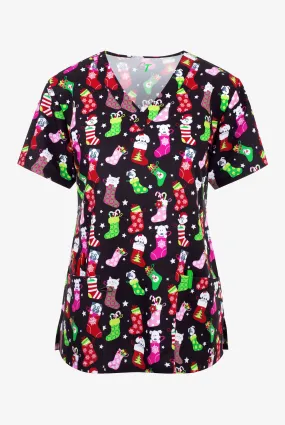 Green Town Stocking Stuffers Women's 3-Pocket STRETCH V-Neck Print Scrub Top