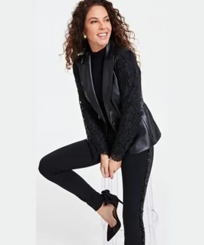 I.N.C. International Concepts Womens Faux Leather Lace Sleeve Blazer Ribbed Sweater Sparkle Stripe Pants Created For Macys