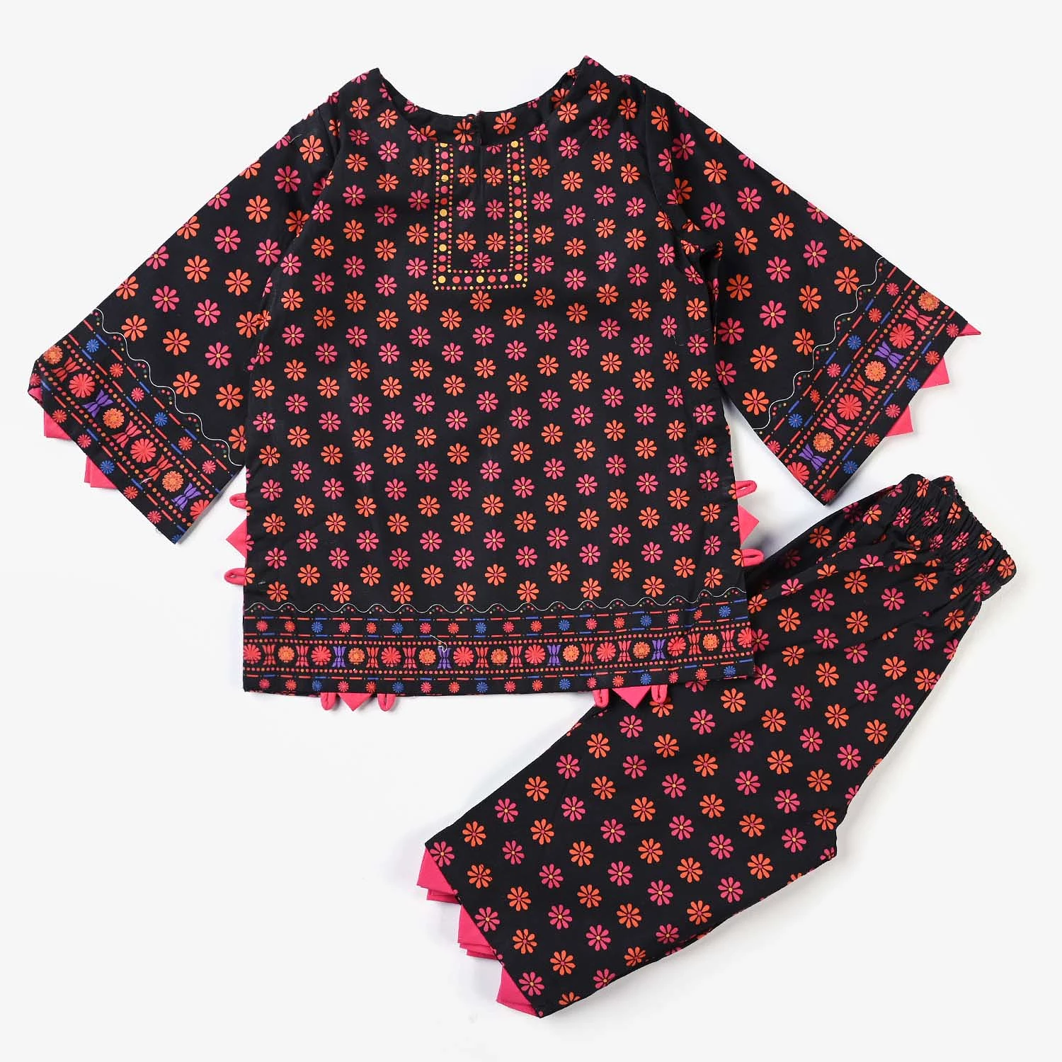 Infant Girls Cotton Poplin Printed 2PC Suit Polka Flowers-BLACK