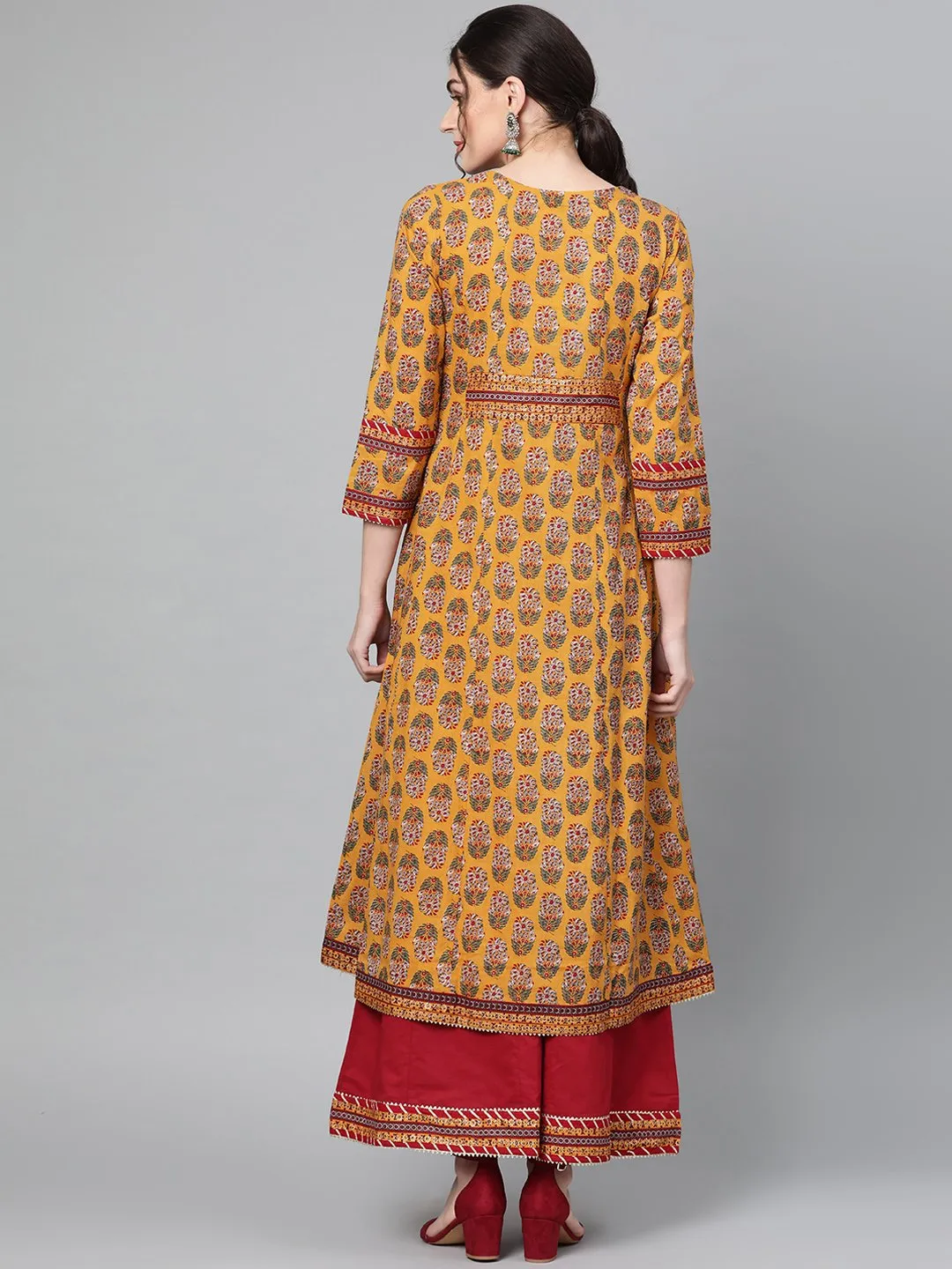 Ishin Women's Cotton Mustard Maroon Printed With Gota Patti Anarkali Kurta Palazzo Set