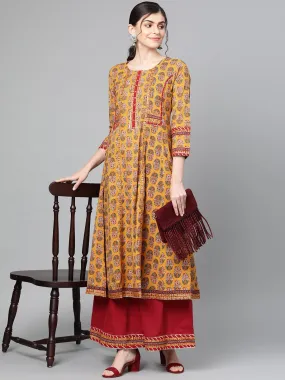 Ishin Women's Cotton Mustard Maroon Printed With Gota Patti Anarkali Kurta Palazzo Set