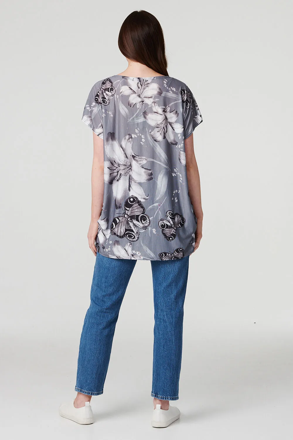 Izabel London - Floral Butterfly Print T-Shirt