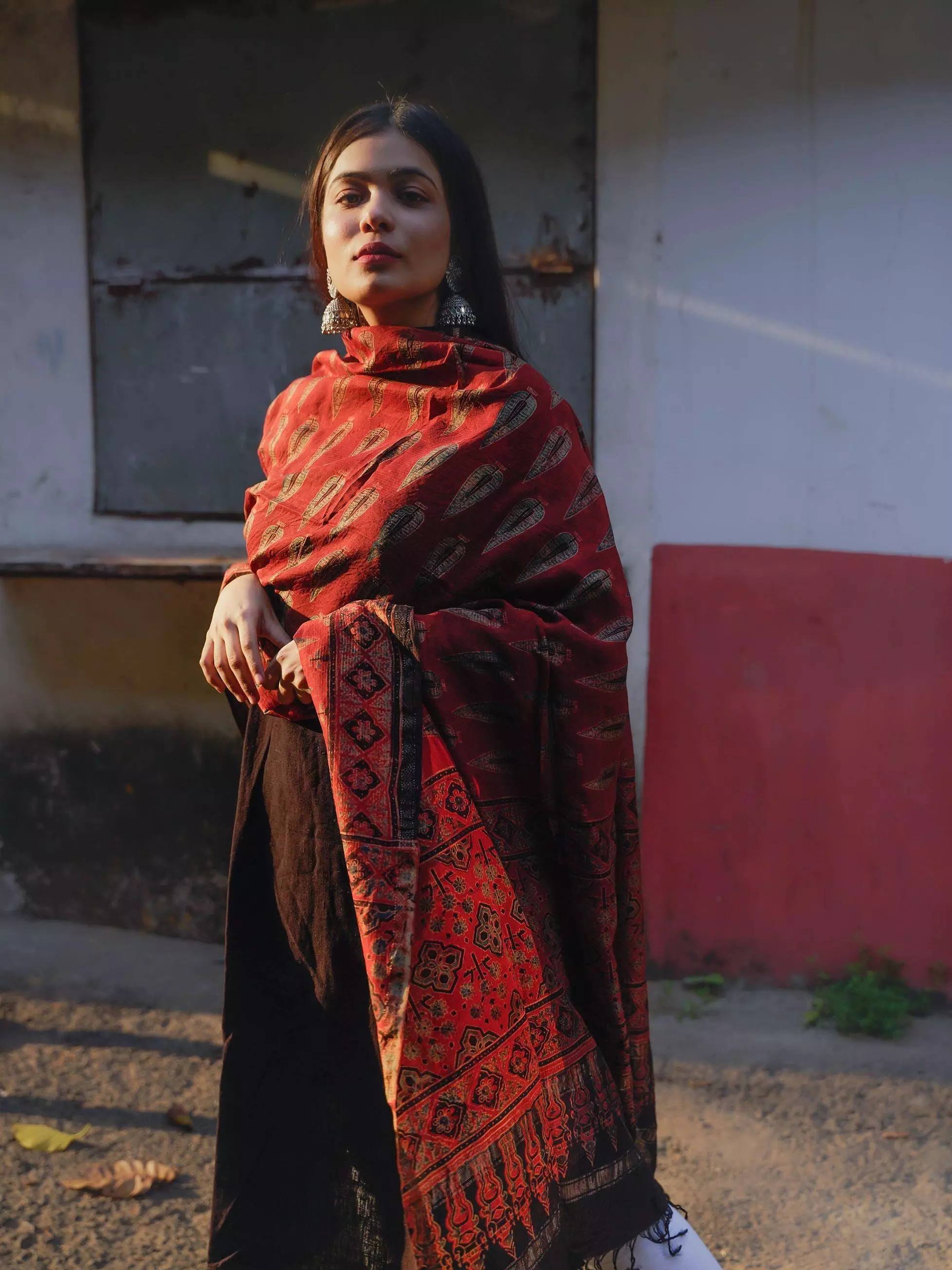 Kaisori Ajrakh Red Silk cotton dupatta