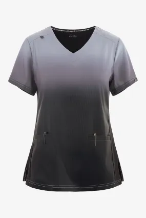 koi Lite Grey/Black Ombre Women's 2-Pocket STRETCH V-Neck Print Scrub Top