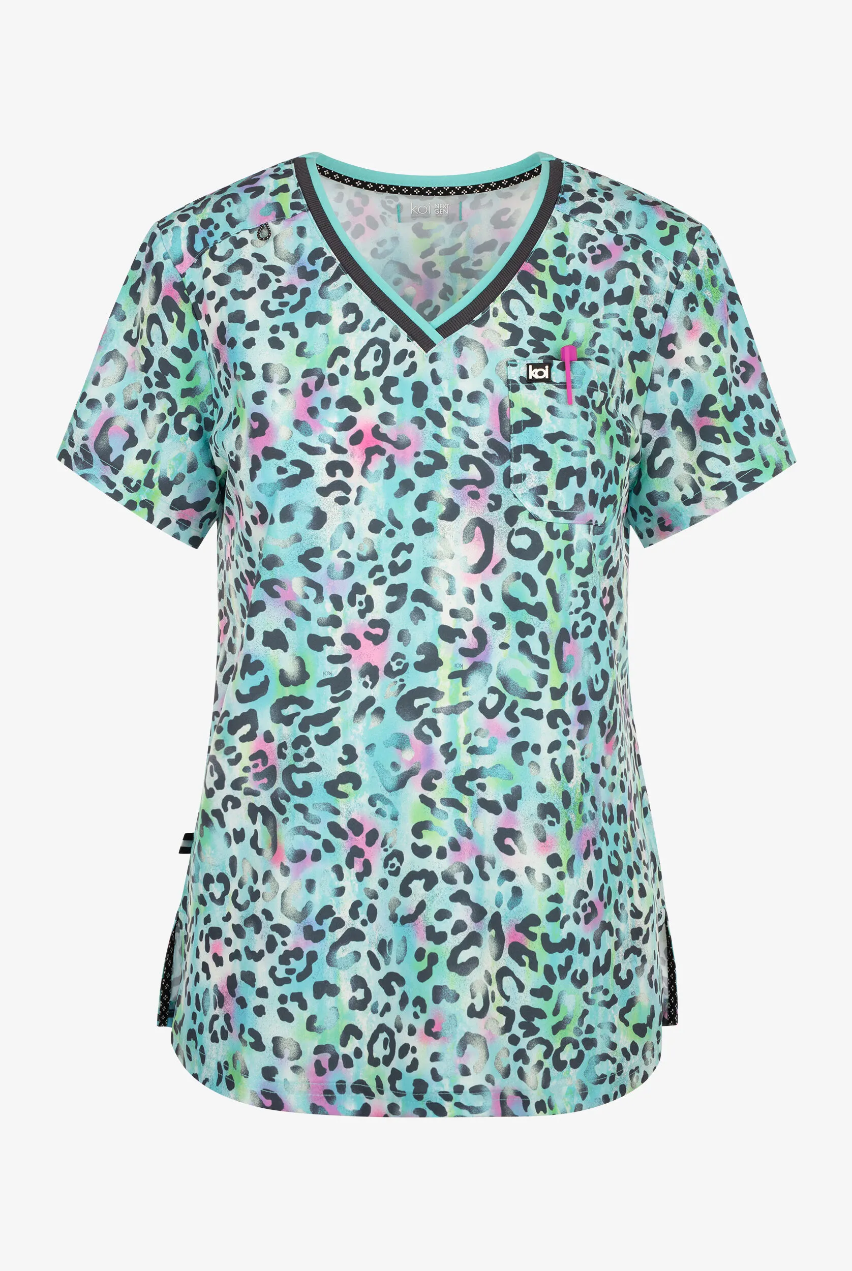 koi Next Gen Rainbow Leopard Women's 2-Pocket STRETCH V-Neck Print Scrub Top