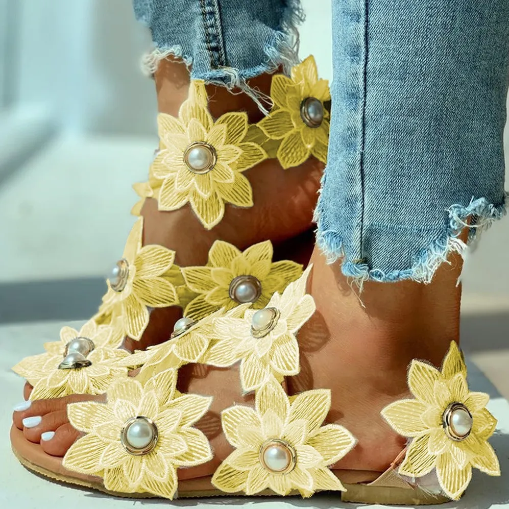 Lace Chiffon Pearl Flower Sandals