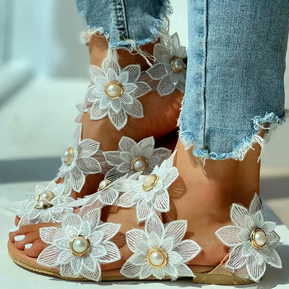 Lace Chiffon Pearl Flower Sandals