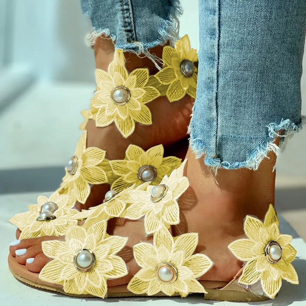 Lace Chiffon Pearl Flower Sandals