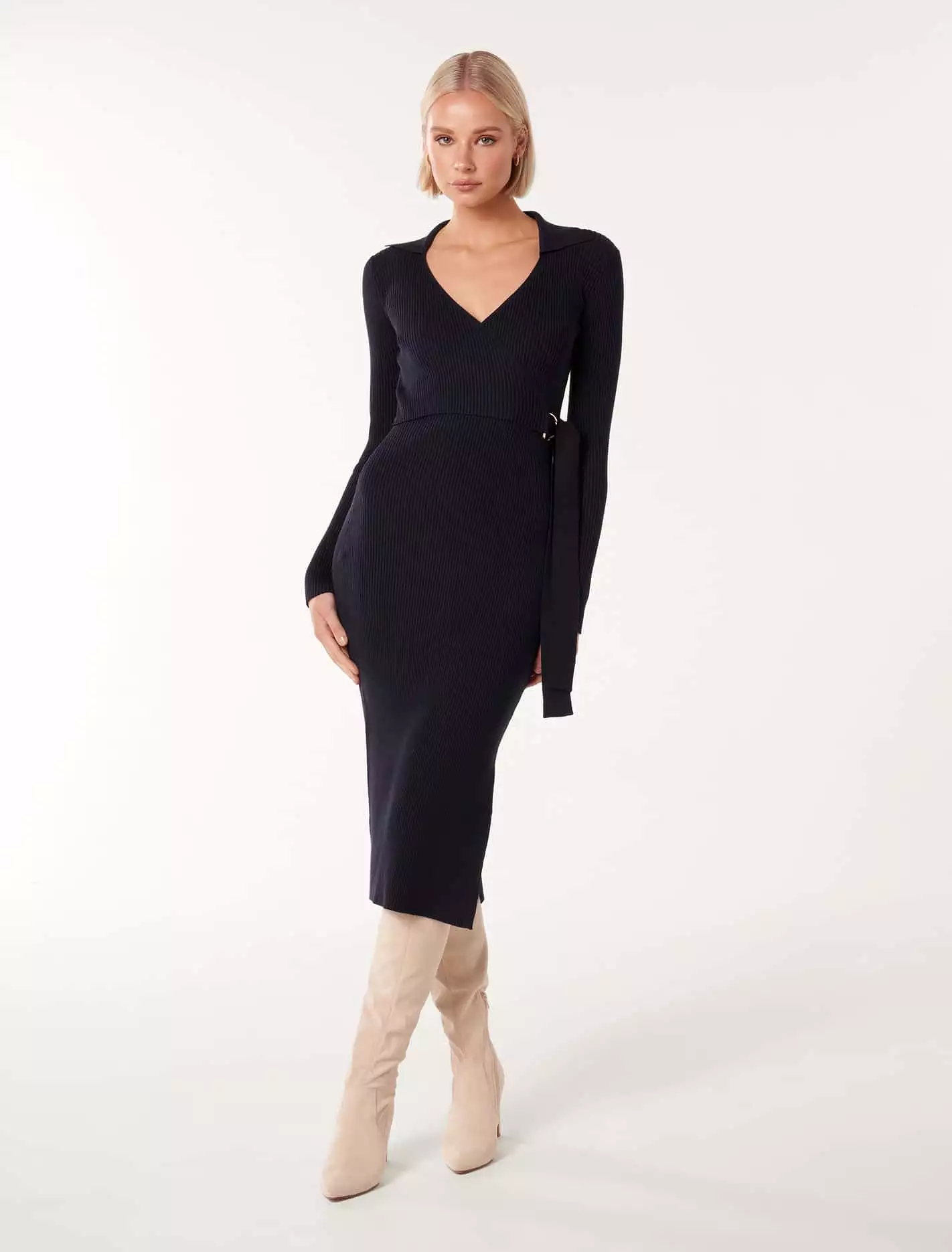 Liv Collar Wrap Midi Knit Dress