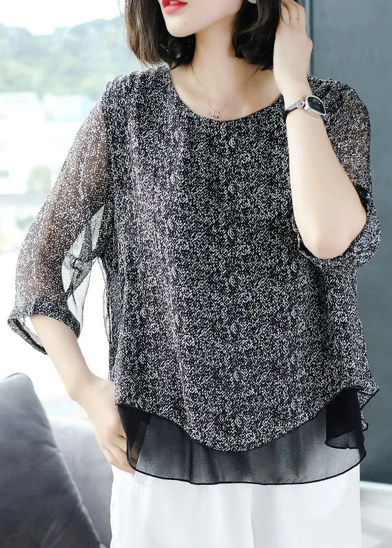 Loose Grey O Neck Chiffon Patchwork Top Bracelet Sleeve AB1007