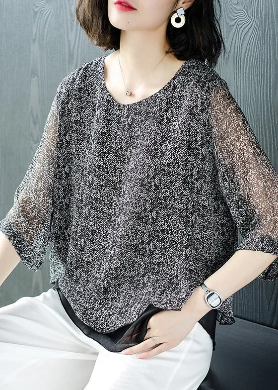 Loose Grey O Neck Chiffon Patchwork Top Bracelet Sleeve AB1007