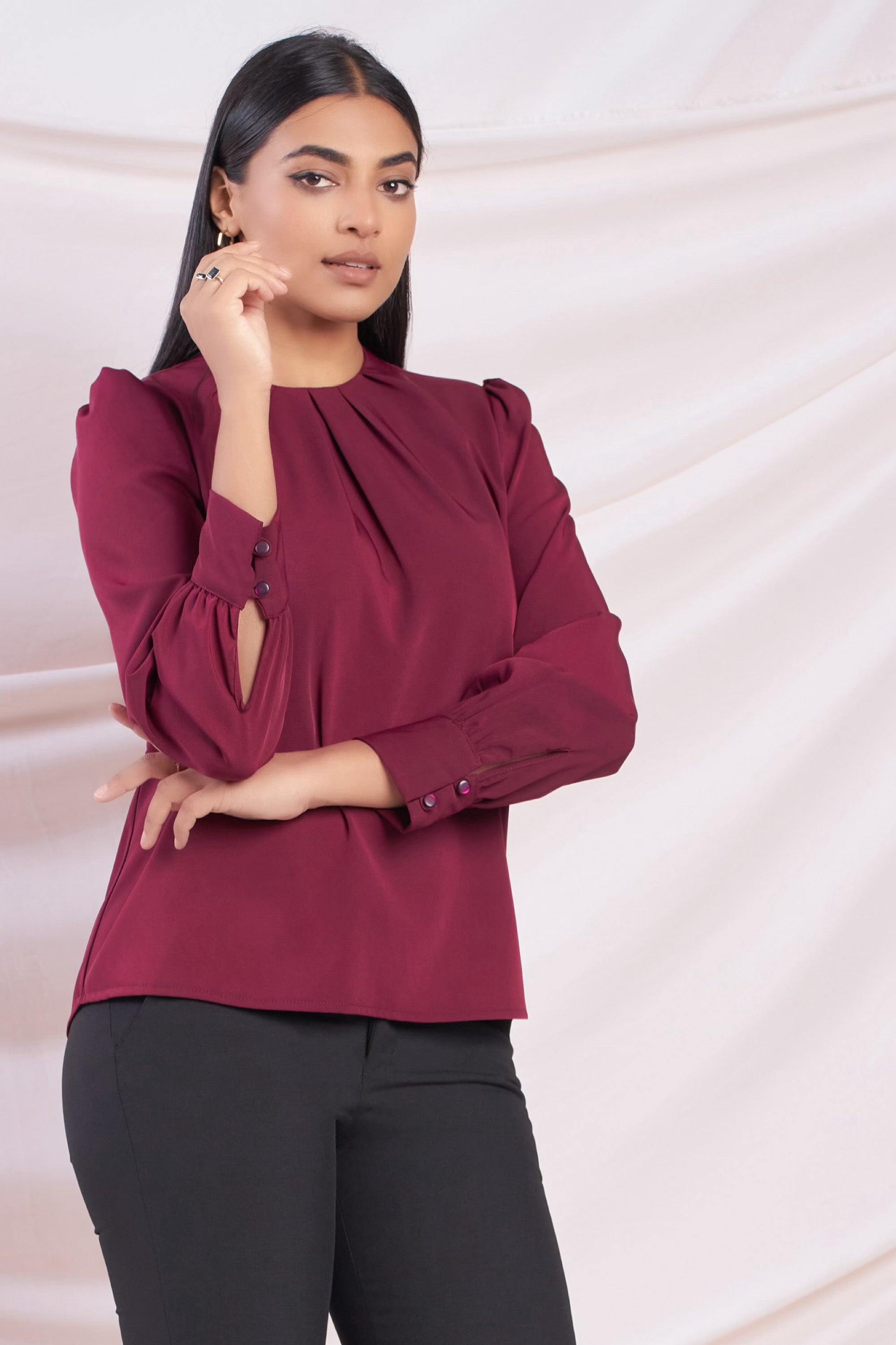 Maroon Pleat Detail Long Sleeve Top