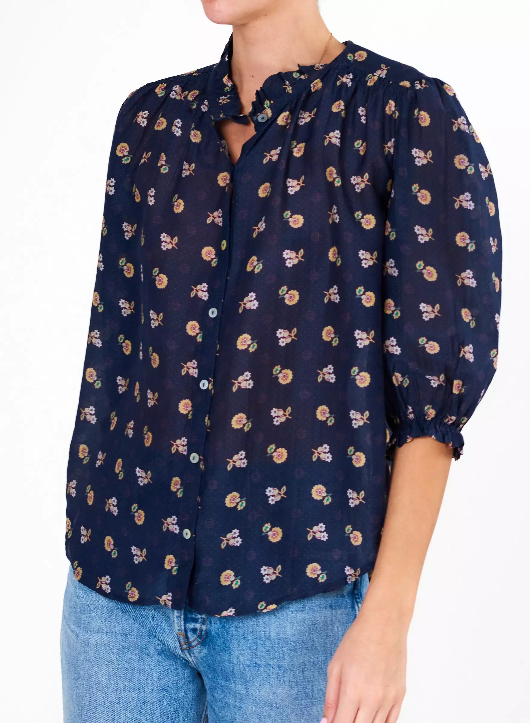 Navy-Printed Cotton-Silk Dulcie Shirt