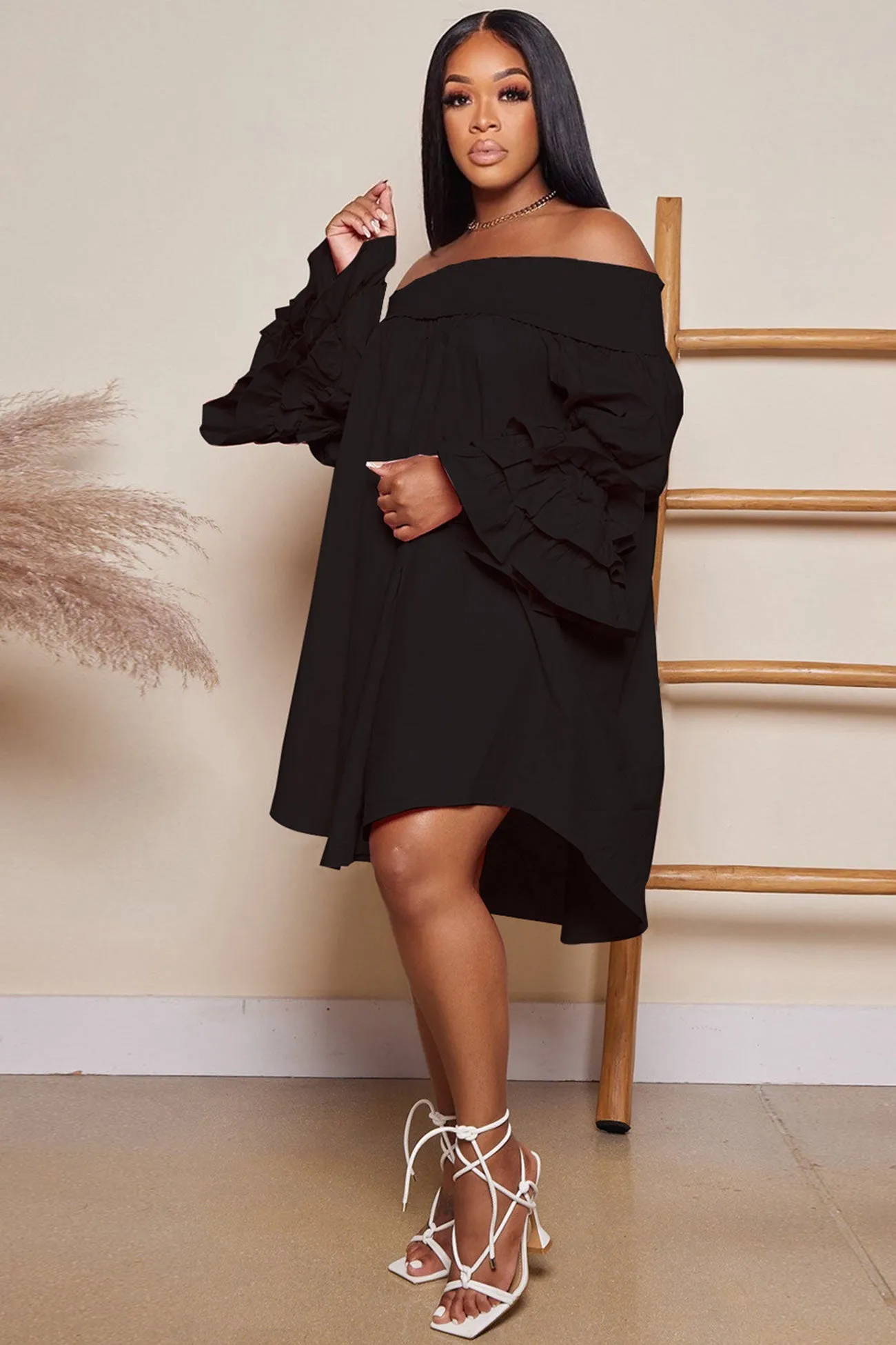 Off Shoulder Tiered Puff Sleeve Loose Dress