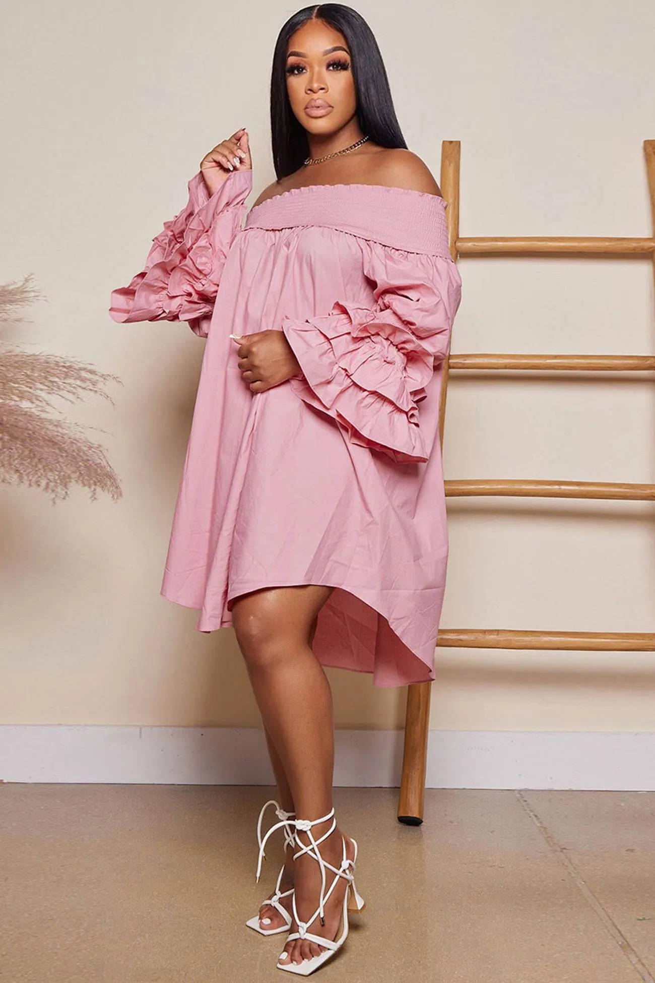 Off Shoulder Tiered Puff Sleeve Loose Dress