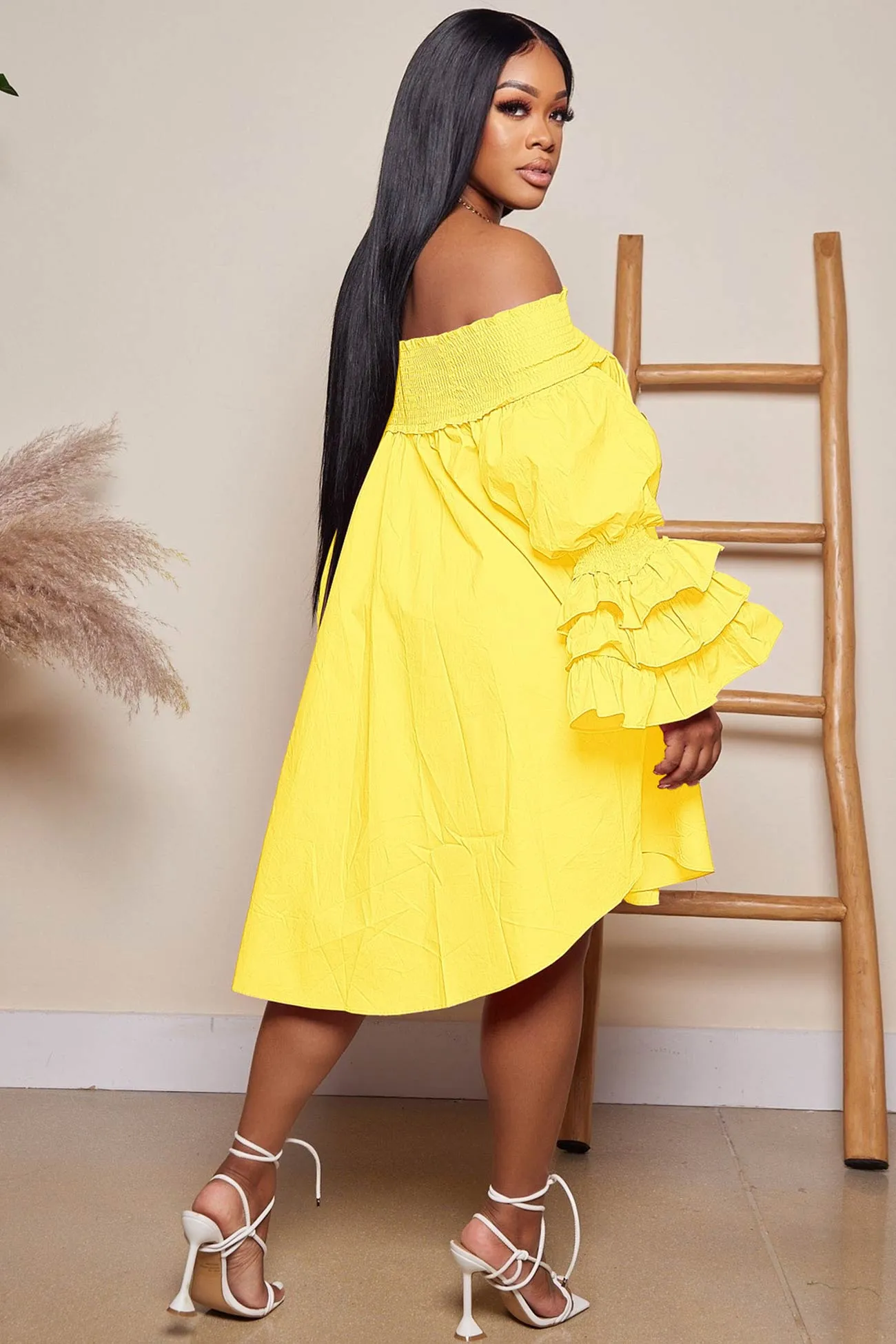 Off Shoulder Tiered Puff Sleeve Loose Dress