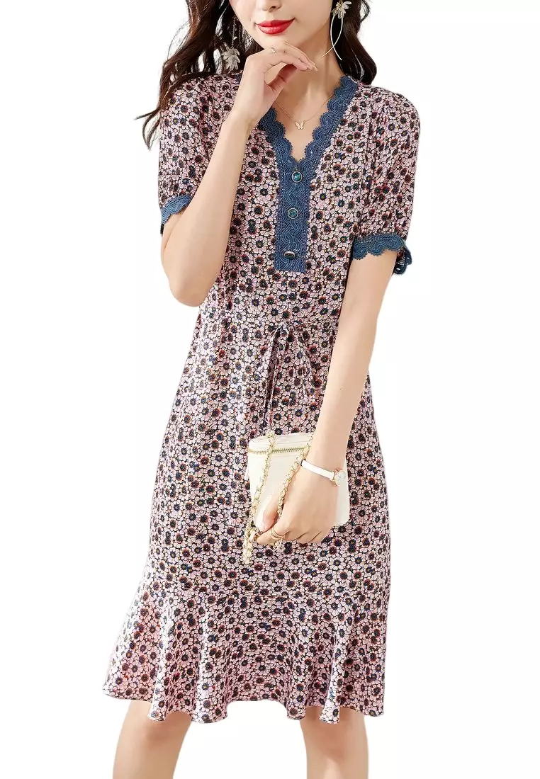 ONX.HK Lace-Connected Floral Chiffon Dress