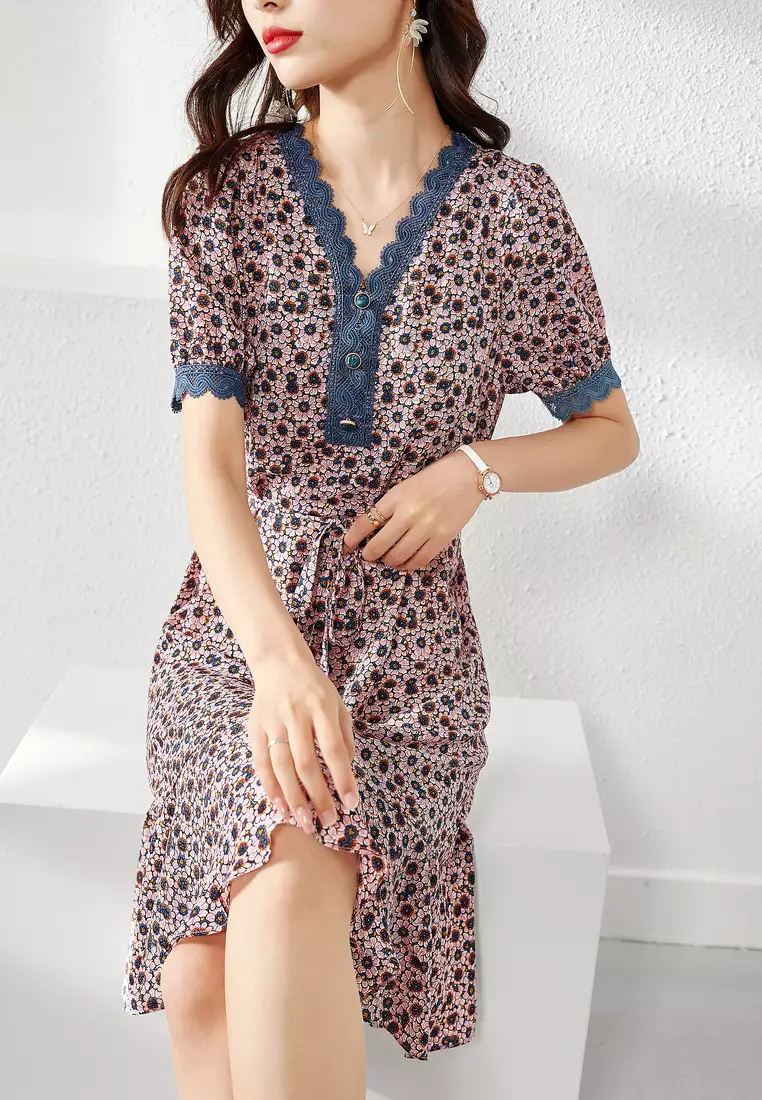 ONX.HK Lace-Connected Floral Chiffon Dress