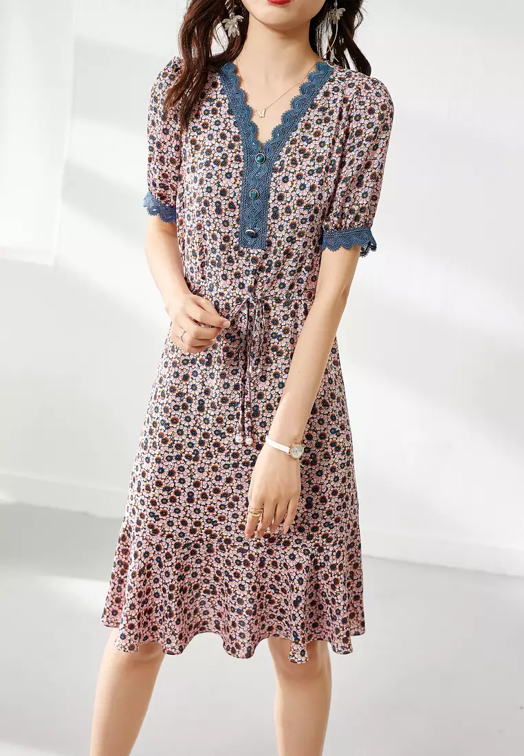 ONX.HK Lace-Connected Floral Chiffon Dress