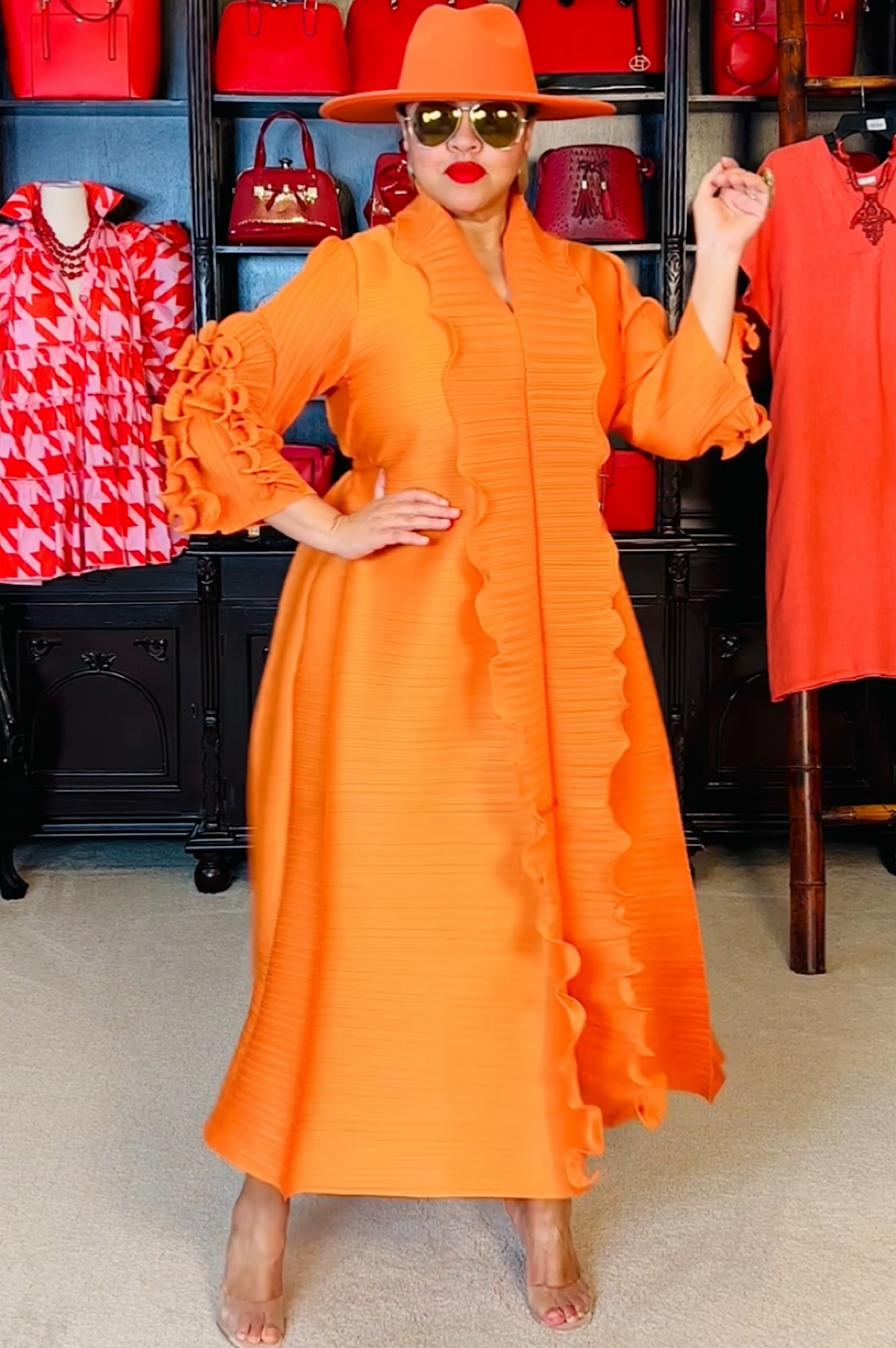 Orange Front Ruffle Long Dress