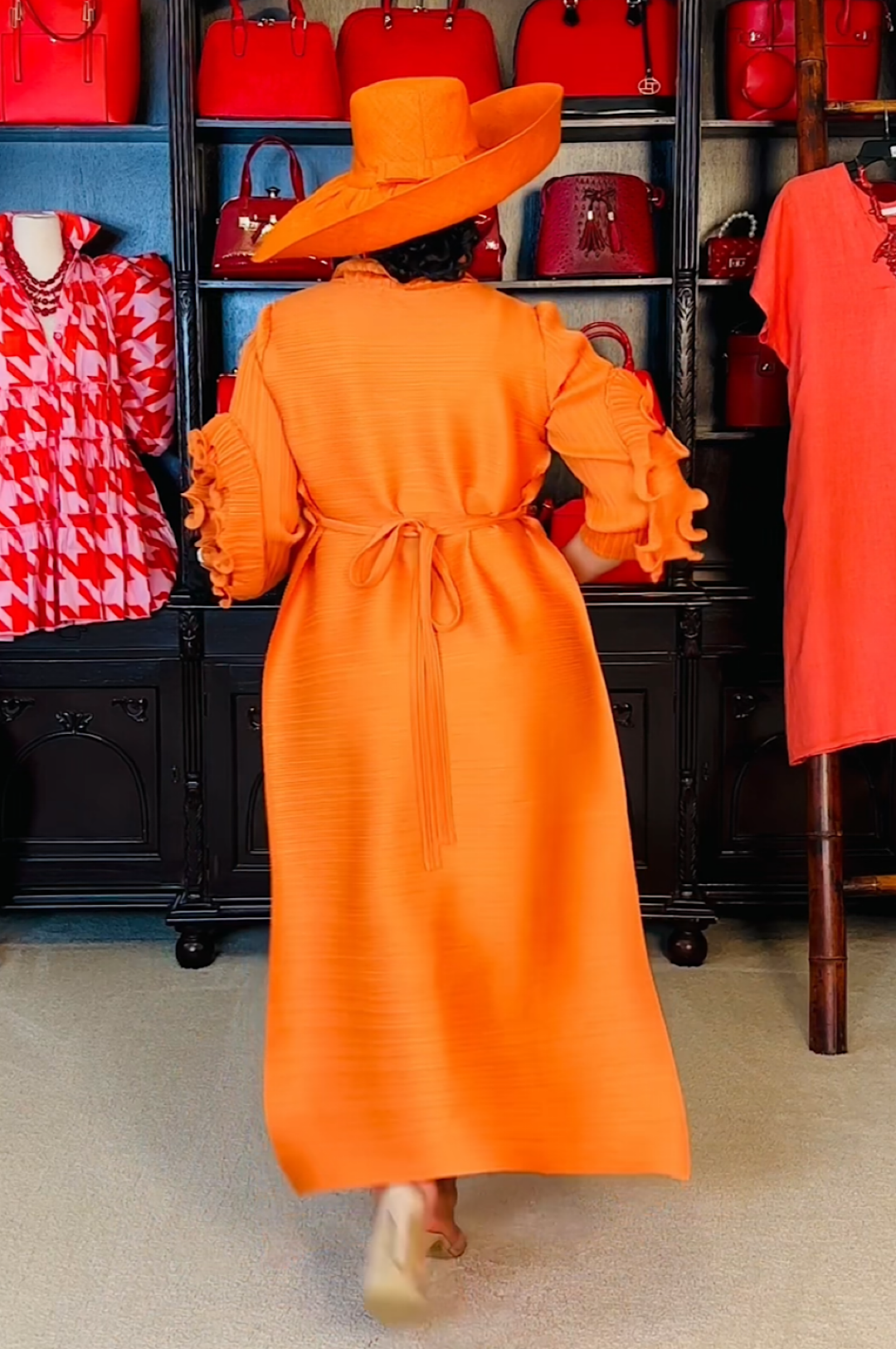 Orange Front Ruffle Long Dress