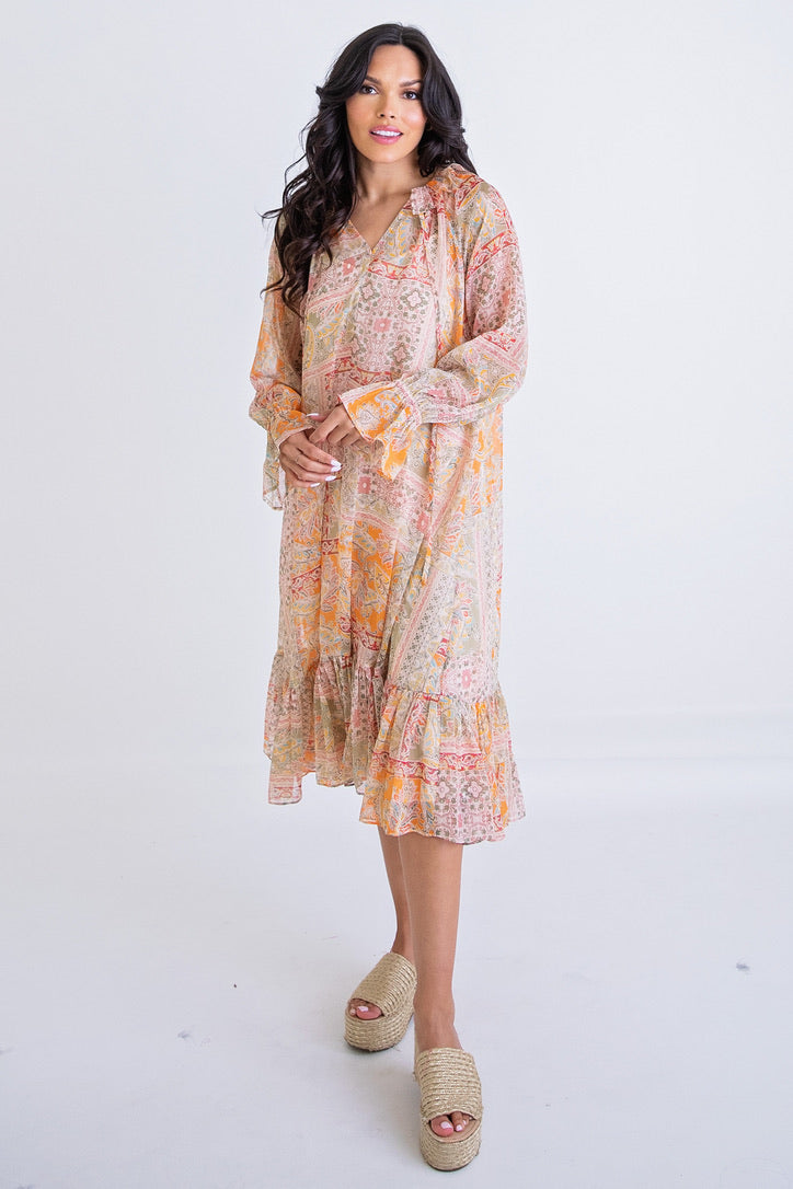 Paisley Chiffon Ruffle Midi Dress