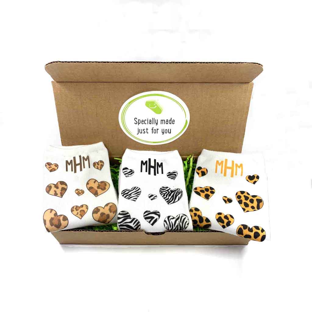 Personalized Monogram Socks with Animal Print Hearts in Gift Box