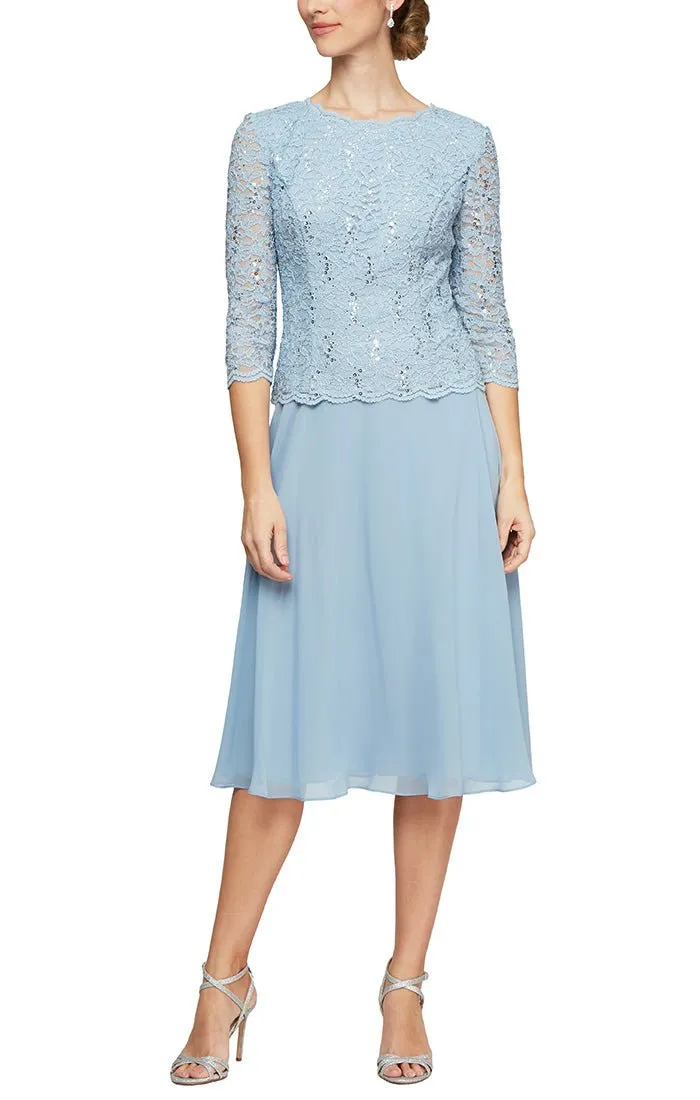 Petite Tea-Length Dress with Sequin Lace Bodice & Chiffon Skirt