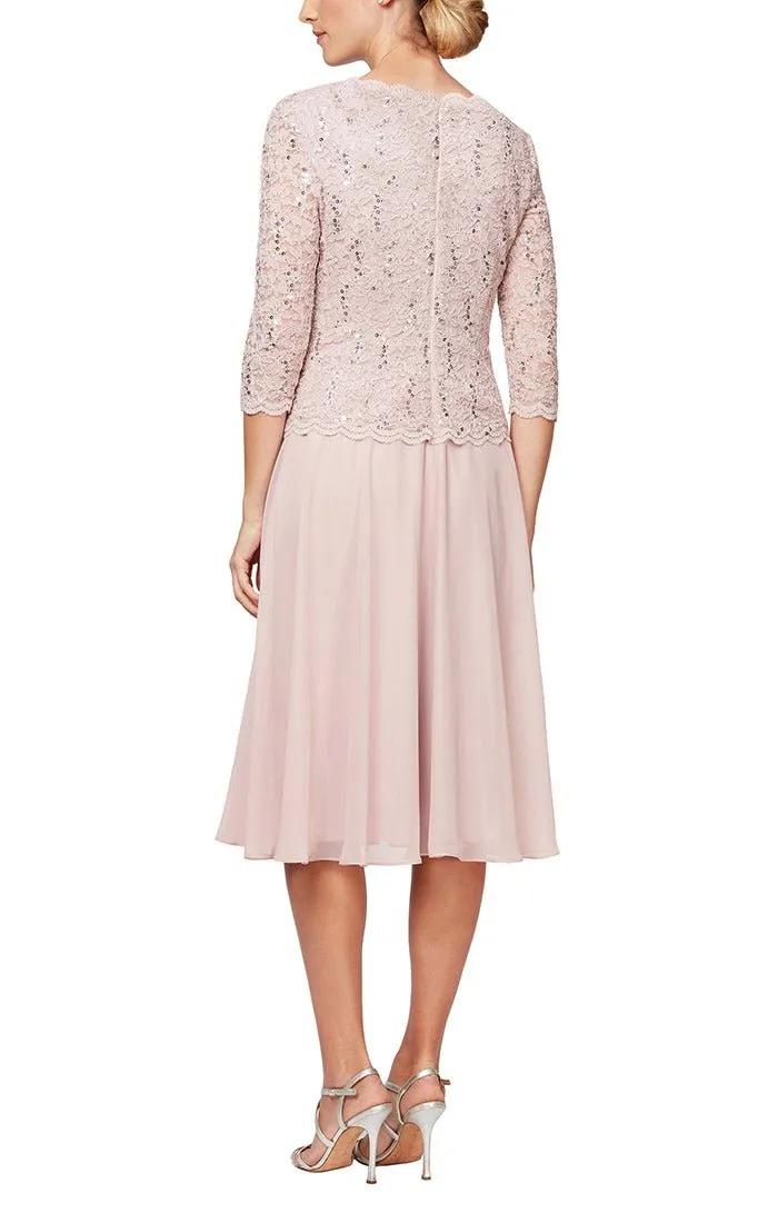 Petite Tea-Length Dress with Sequin Lace Bodice & Chiffon Skirt